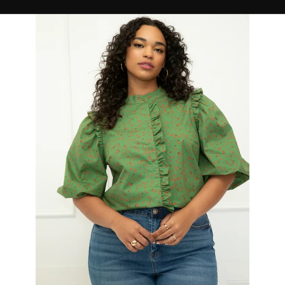 ELOQUII Elements Women's Plus Size Green Puff Sleeve Shirt With Ruffles Size 20